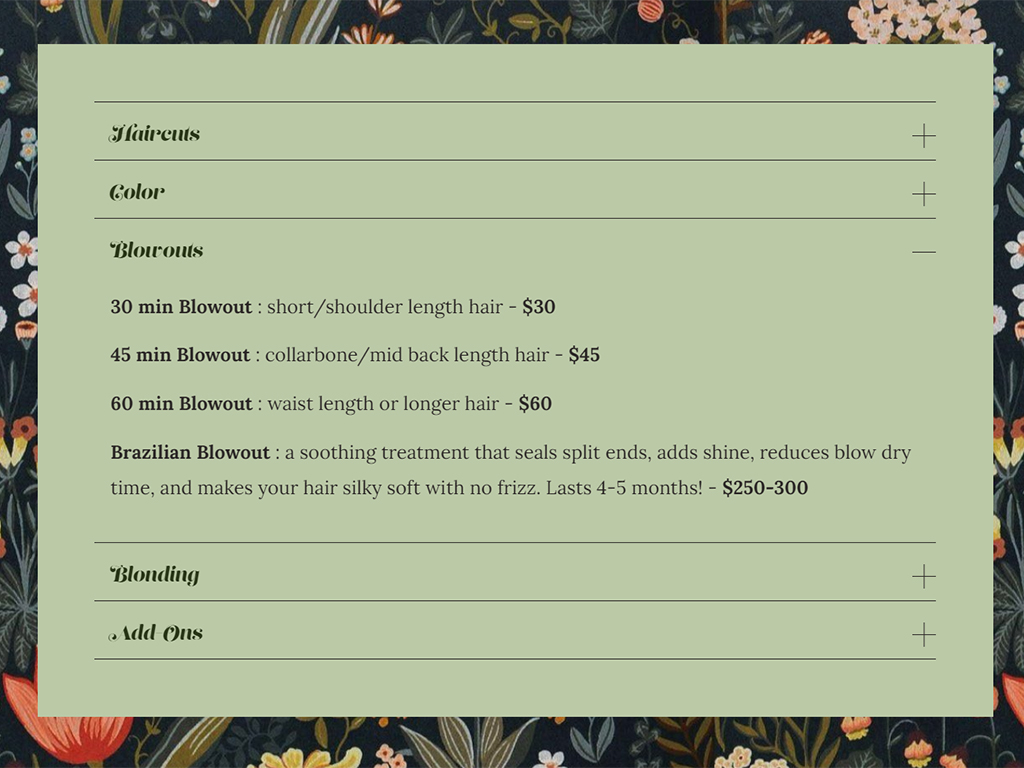 A website section detailing the services of a salon