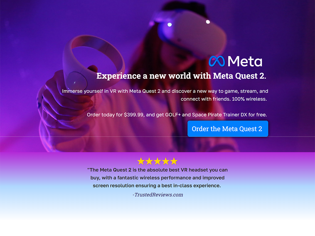 A mockup of a landing page for the Meta Quest 2