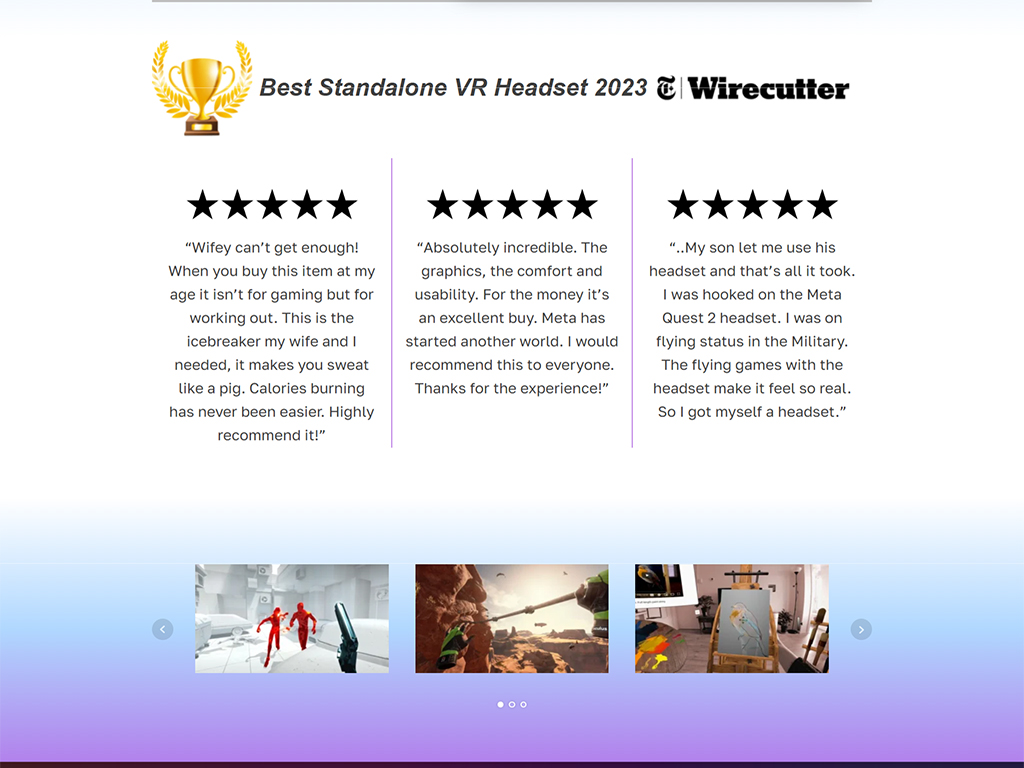 A mockup of a landing page social proof section for the Meta Quest 2